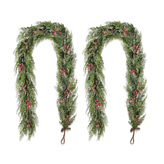 Glitzhome® 9ft. Christmas Greenery Frosted PE Dripping Garland with Pinecones & Red Berries, Set of 2